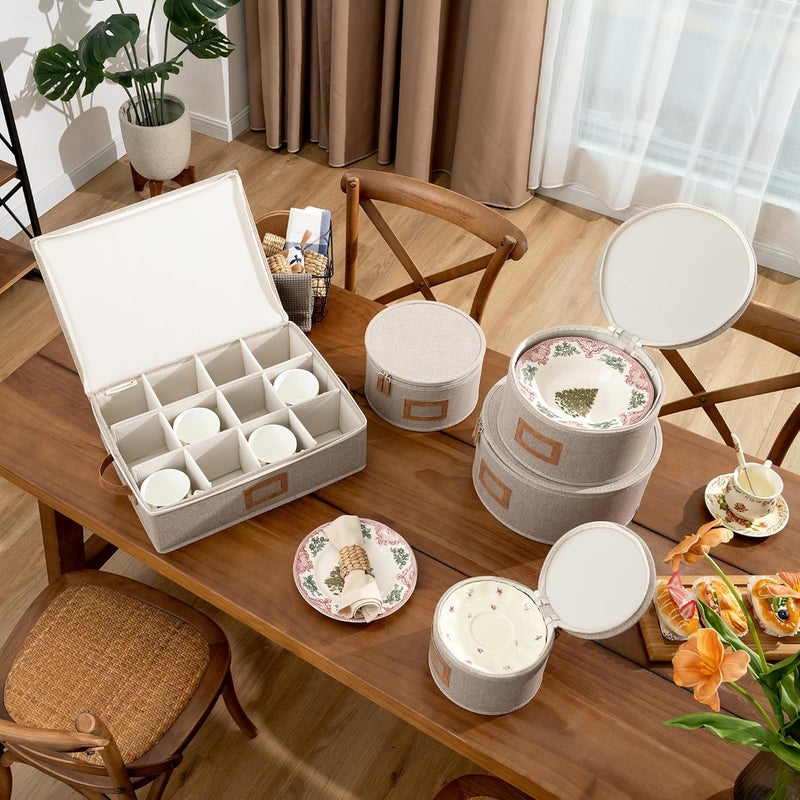 StorageWorks China Storage Containers, Hard Shell Storage Boxes for Plates, Mugs, Stemware Storage Cases, Holds up to 12 Place Settings, Foldable and Stackable Organizers, 5 Pack, Brown and Beige - Image 3